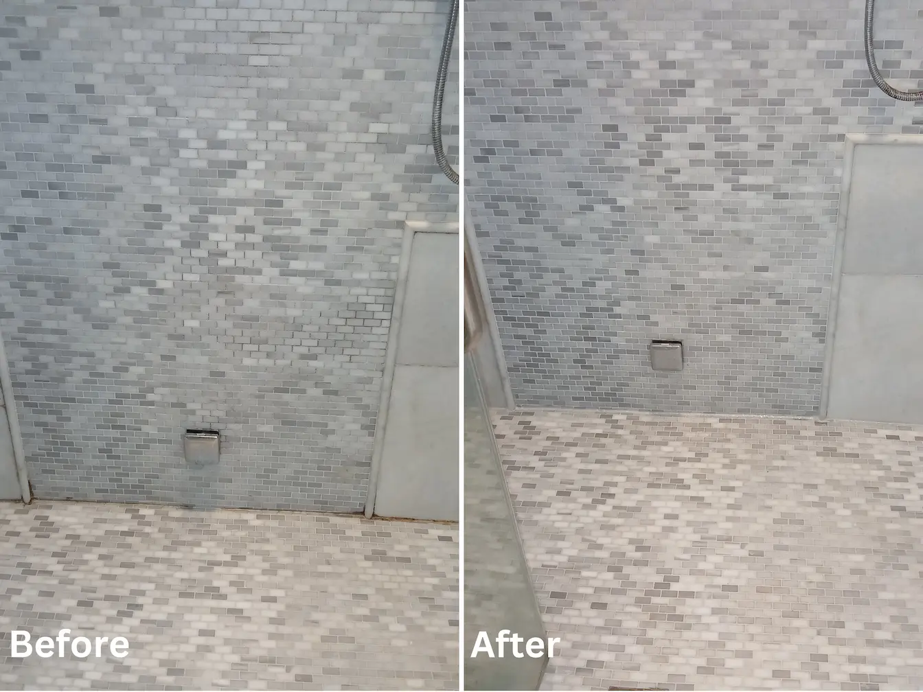 Before and after of a Clear Conditions restoration project on a stone mosaic shower