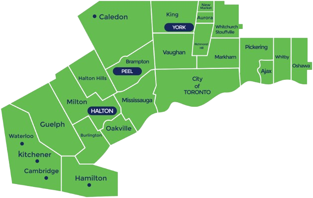 Map of the Greater Toronto Area showing Clear Conditions Canada service regions