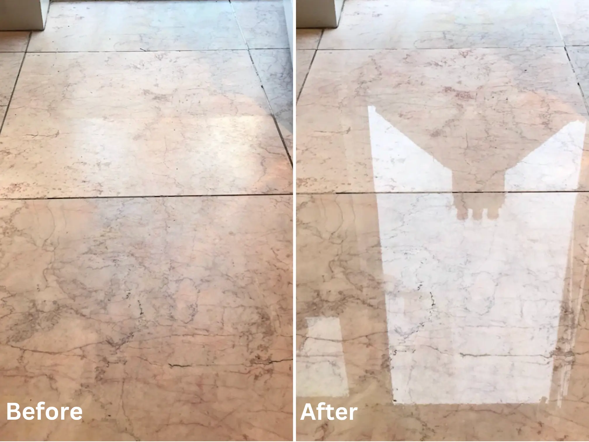 Polished marble floor before and after stone restoration by Clear Conditions Canada