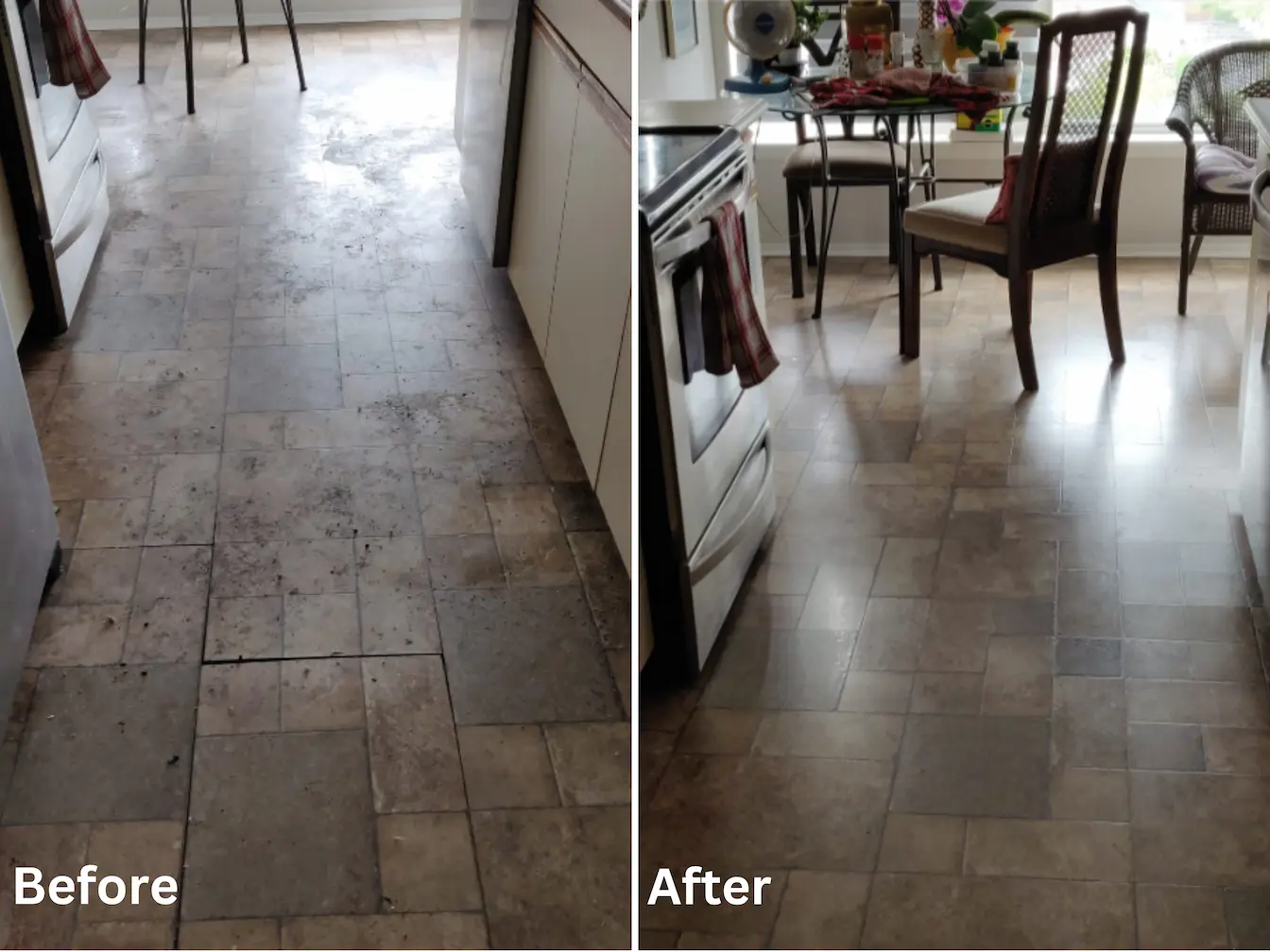Travertine kitchen floor before and after stone restoration by Clear Conditions Canada