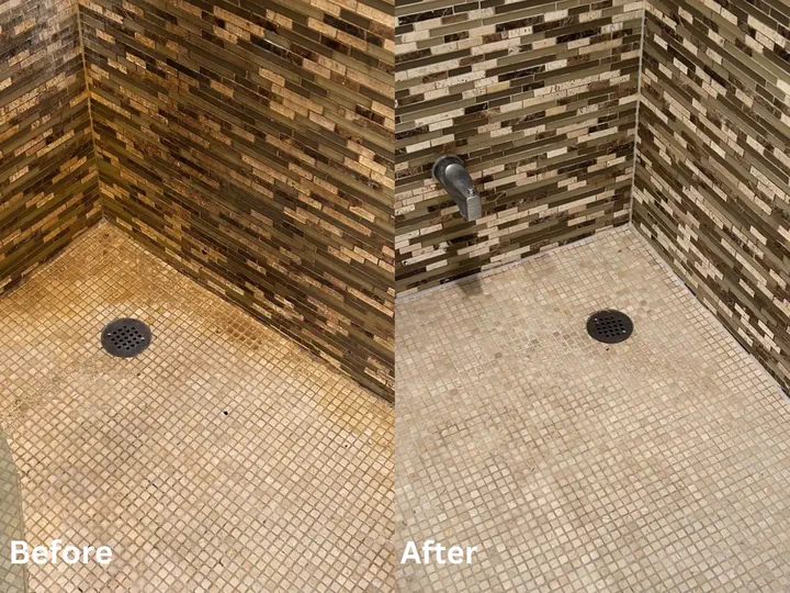 Before and after of a Clear Conditions stand-up shower restoration project