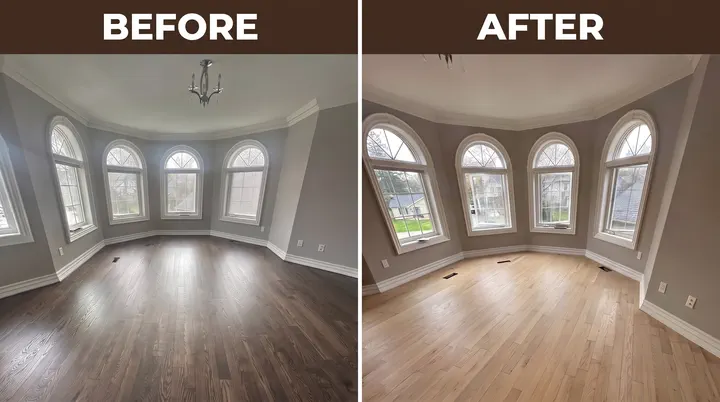 Before and after of hardwood sanding and refinishing with a light finish