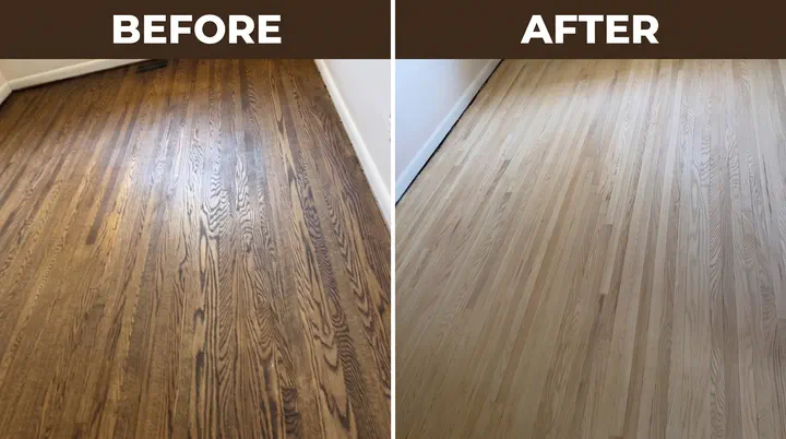 Before and after of an oak hardwood floor sanding and refinishing project