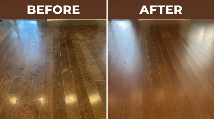 Before and after of a Clear Conditions hardwood floor screen and recoat project
