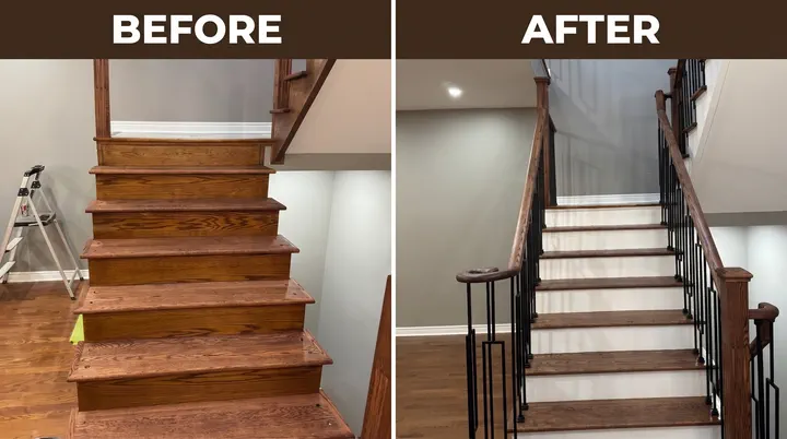 Before and after of a Clear Conditions hardwood stair refinishing project