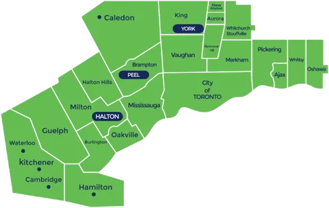 Map of the Greater Toronto Area showing Clear Conditions Canada service regions