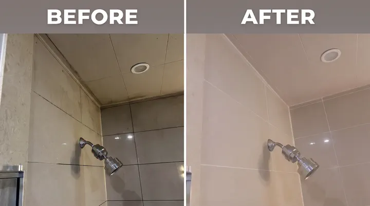 Before and after of a shower ceiling restoration project