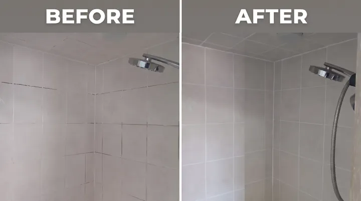 Before and after of shower tile and grout restoration