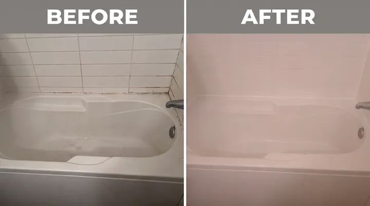 Before and after of silicone recaulking and bathtub cleanup