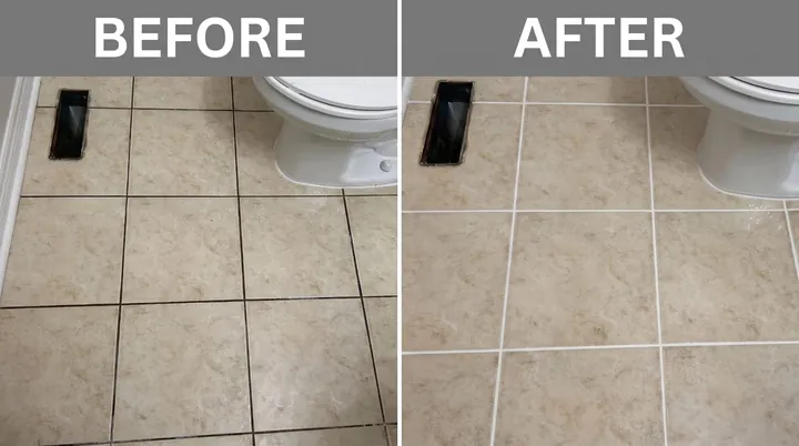 Before and after of a Clear Conditions grout cleaning project on a beige bathroom tile floor