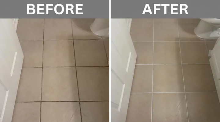 Before and after of a Clear Conditions grout cleaning project on a bathroom tile floor with darkened grout lines